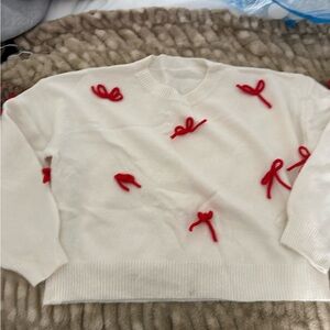 Women's White Sweater with Red Bows